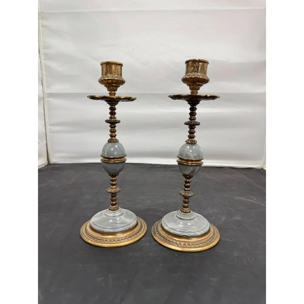 Antique Pair of 19th Century French Napoleon III Grey Marble Bronze Candlesticks